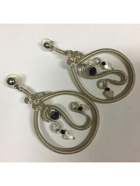 Wire work Artsy Beaded Hand Crafted Pierced Earrings Silver Tone Large Dangle